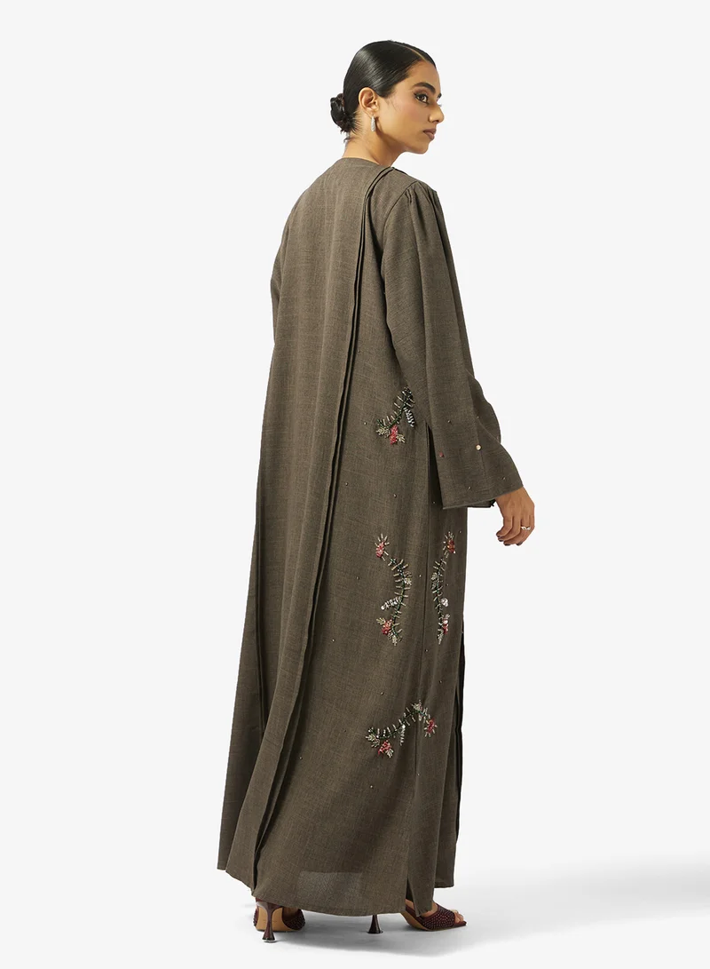 hayas closet Floral Embellished Open Front V Neck Abaya